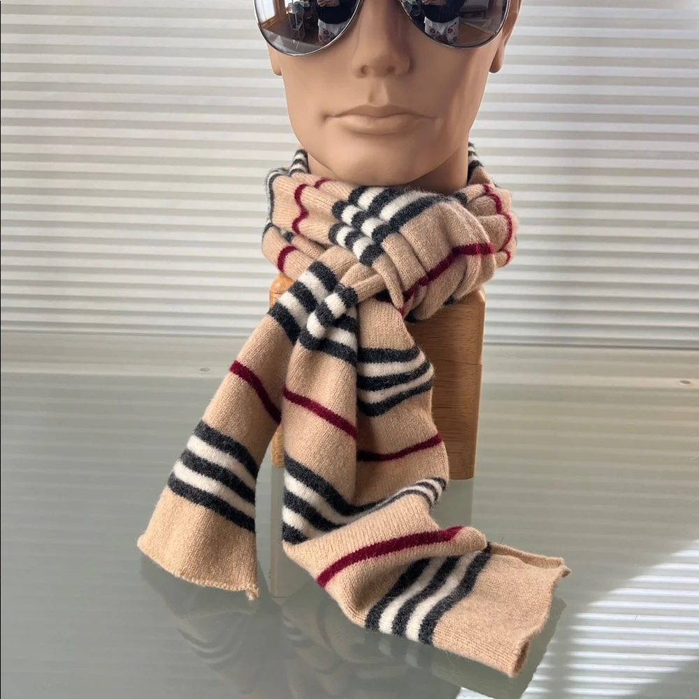 🐑Lambswool Nova Stripe Beige/Black/Maroon Rolled Edges Scarf | Burberry London